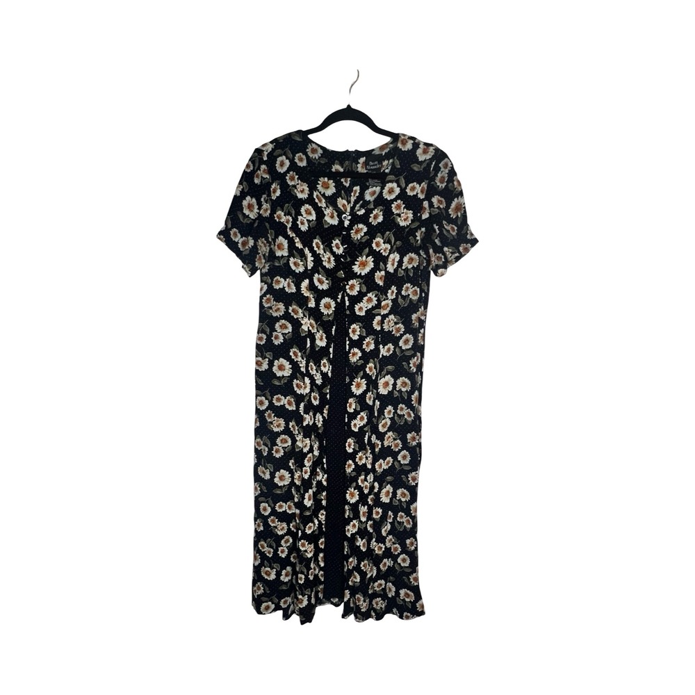 Brett Alixander Vintage 90s Daisy Polka‎ Dot Rayon Midi Dress Black Floral 9/10